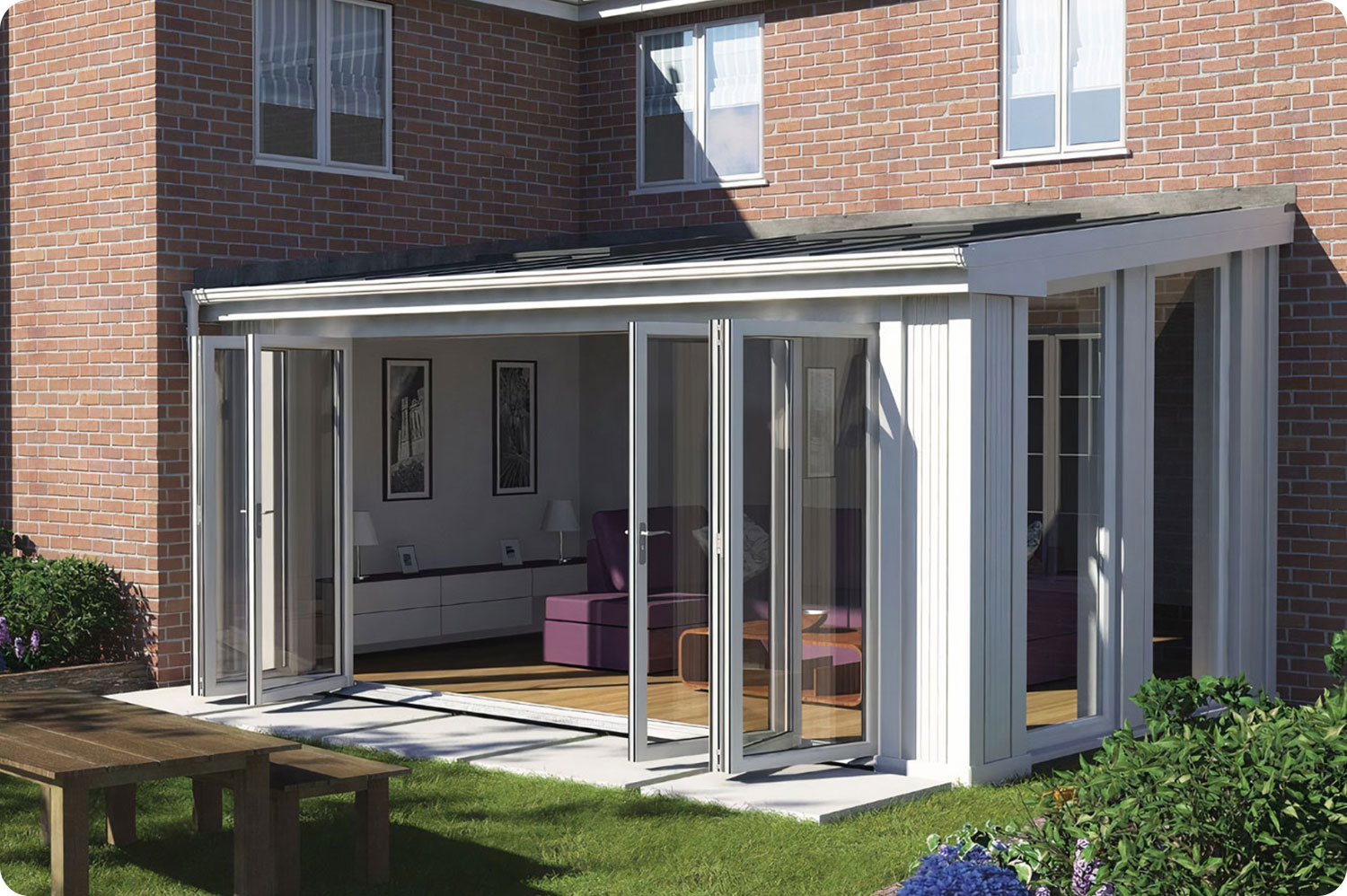 Einladender Wintergarten mit luxuriösem Interieur und weit geöffneten Fenstern, die den Raum erhellen.