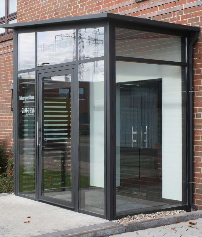 Windfang für Eingangsbereich mit fixem Glas und gläserner Eingangstür