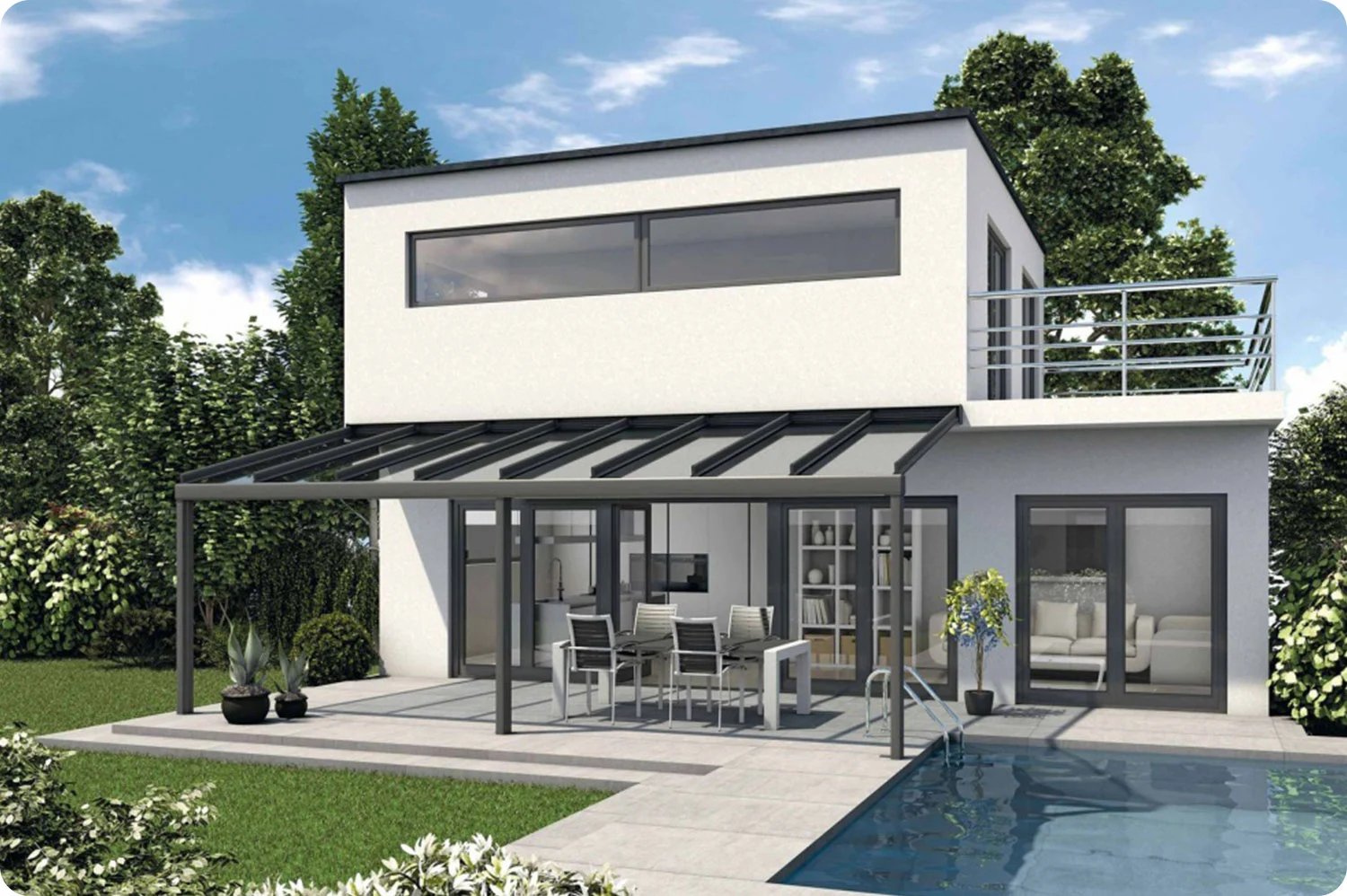 Elegante Terrassenüberdachung mit Glas, die den modernen Wohnbereich erweitert und mit ihrem minimalistischen Design und transparentem Dach Licht und Schutz vereint.